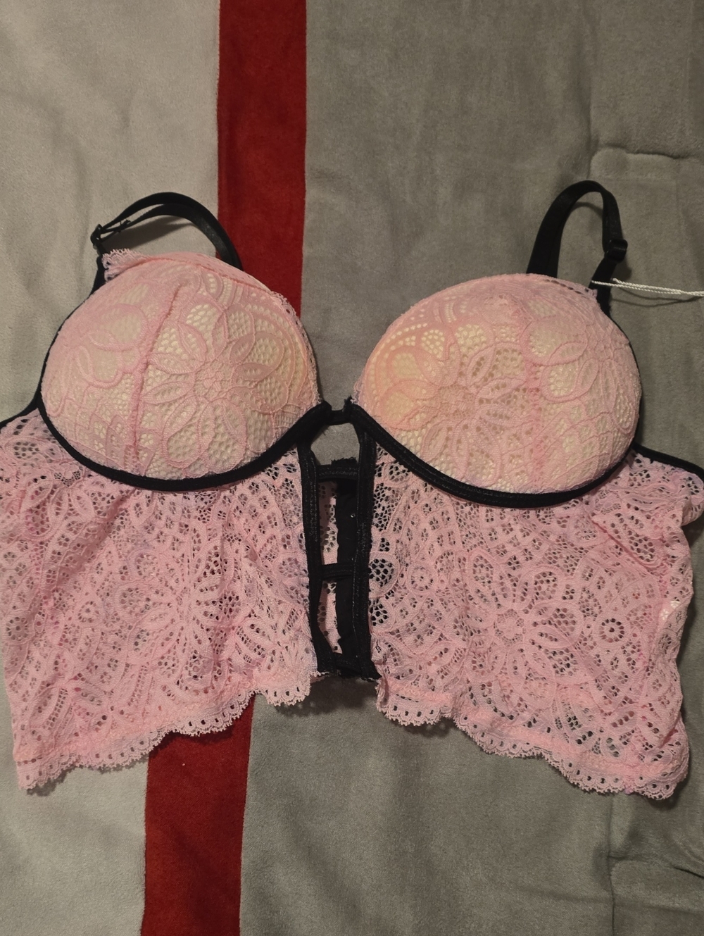 ROMWE Pink Lace Longline Bralette with Black Trim